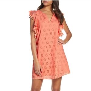 Lilley Pulitzer Astara Peach Eyelet Midi Dress with Pompom Accent Ruffles, Med